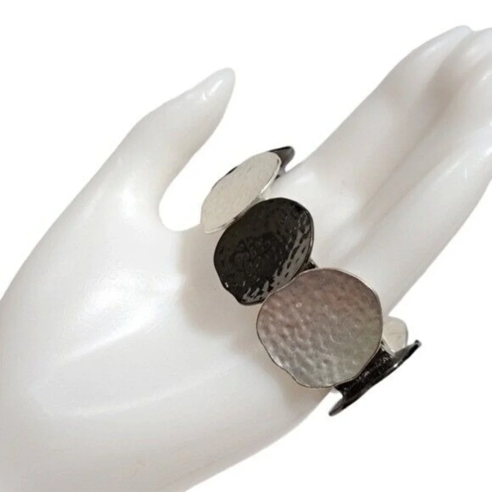 Silver Tone ,Black,& Gunmetal Disc Panel Women's‎ Adjustable Bracelet
